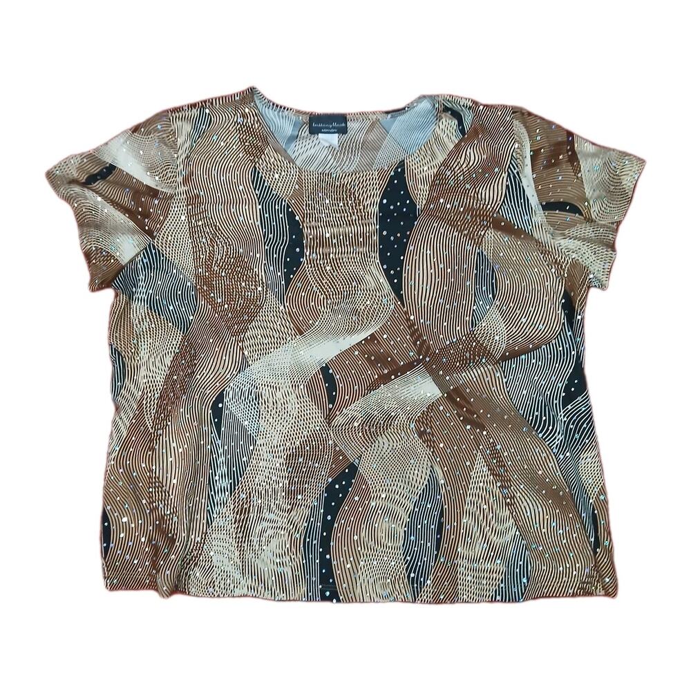 Vintage Brittany Black Glamour Top 2X Brown Black White Abstract Wave Sequin Art